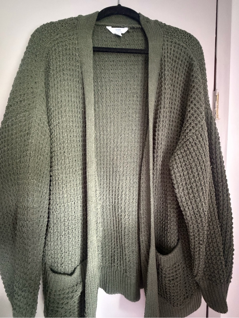 Time and Tru Olive Open-Front Waffle Cardigan